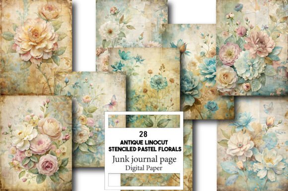 Antique Linocut Florals in Pastel Design