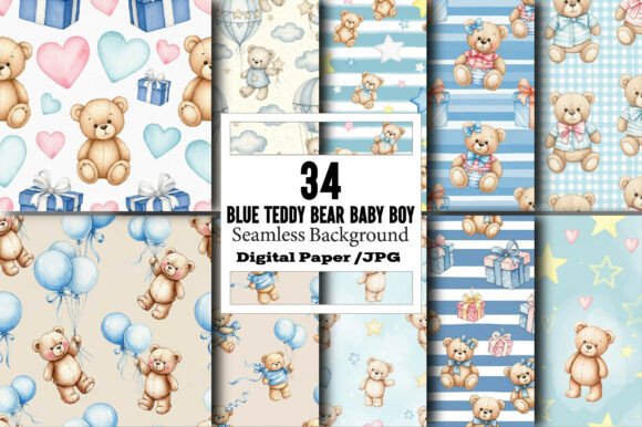 Blue Teddy Bear Baby Boy Digital Papers